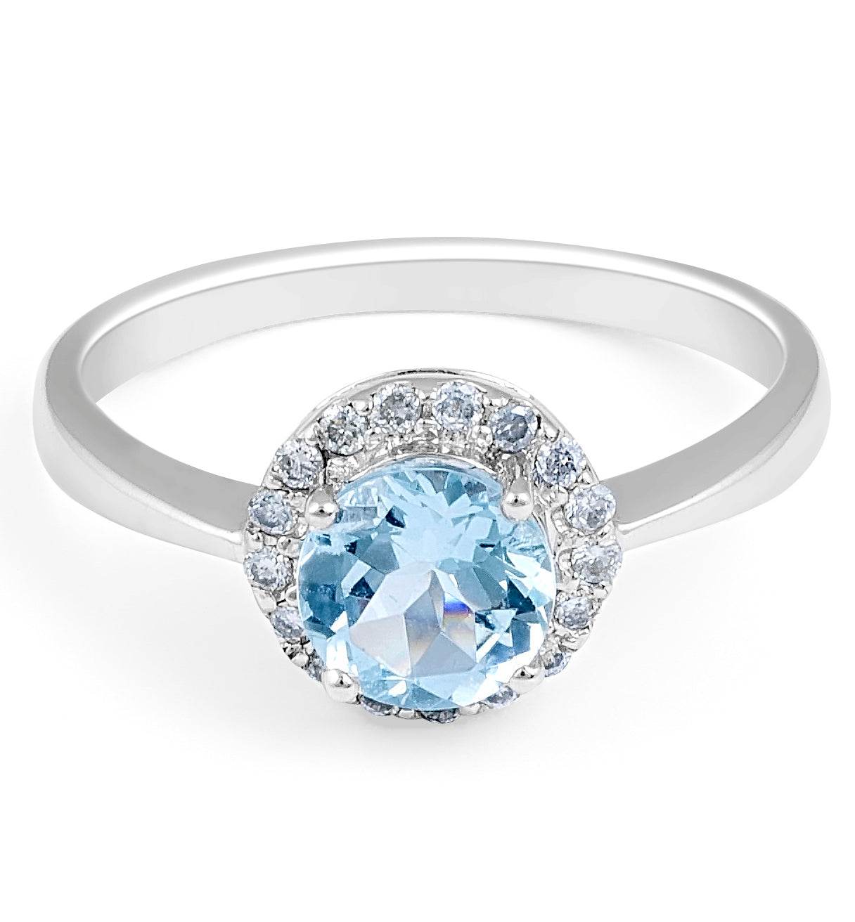 Aquamarine Halo Diamond Ring 4 Prong Setting Plain Band In 18K White Gold - DG & Co. Jewellery