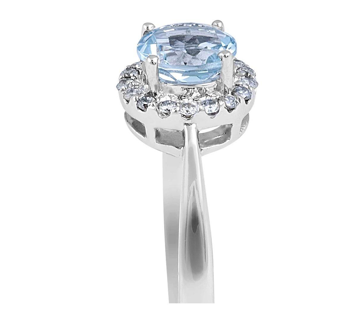 Aquamarine Halo Diamond Ring 4 Prong Setting Plain Band In 18K White Gold - DG & Co. Jewellery