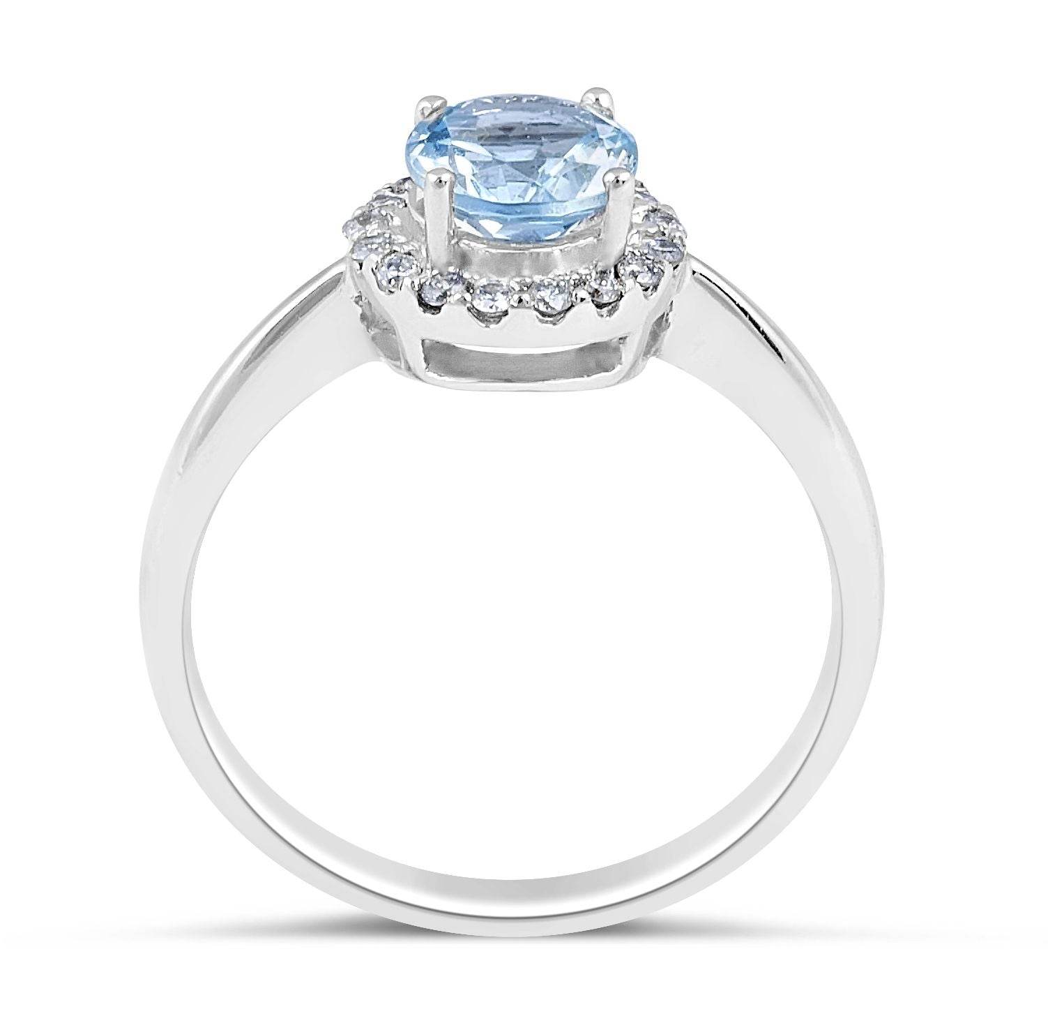Aquamarine Halo Diamond Ring 4 Prong Setting Plain Band In 18K White Gold - DG & Co. Jewellery