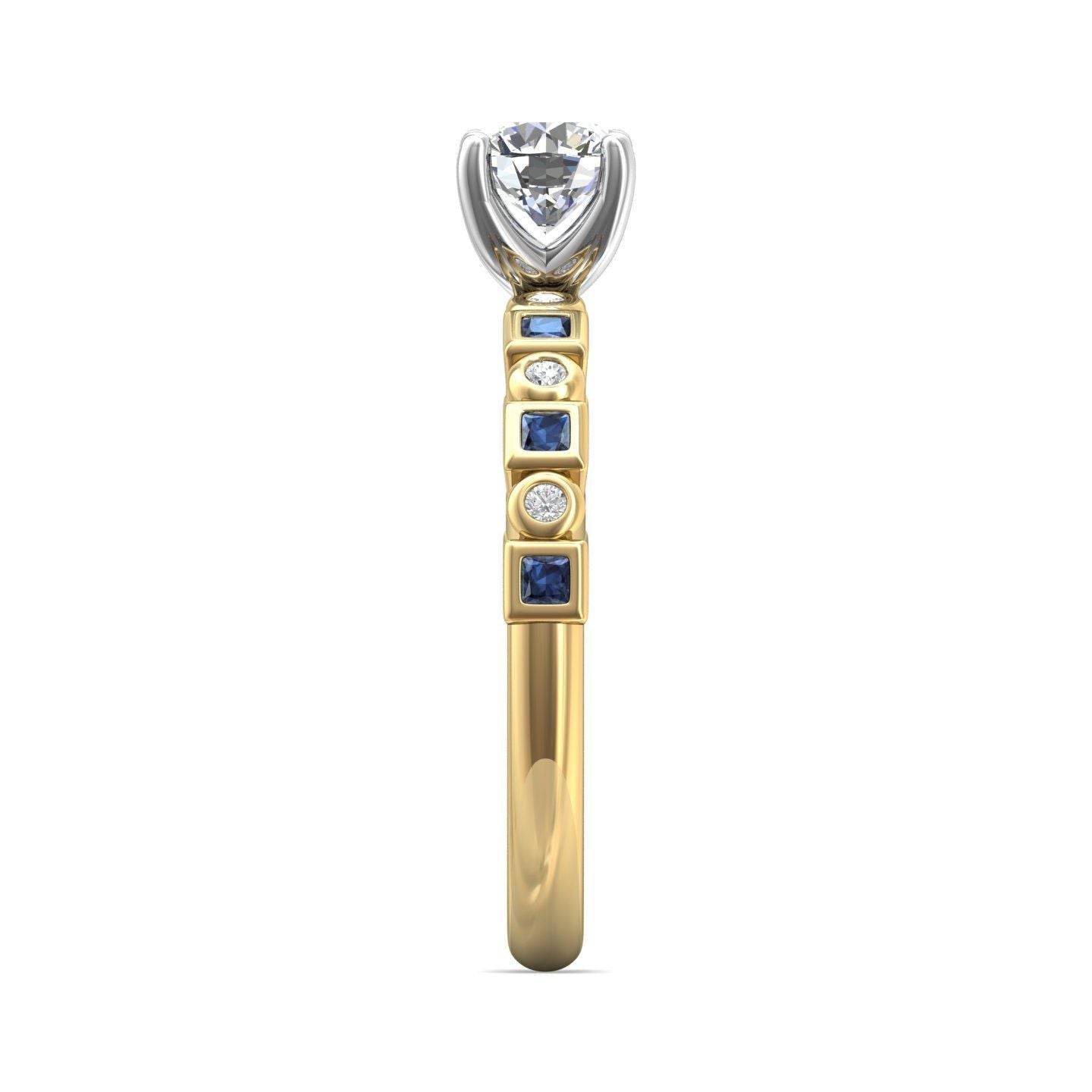 Diamond And Sapphire 4 Claw Round Cut Engagement Ring With a Bezel Set Side Stones -18K Yellow - DG & Co. Jewellery