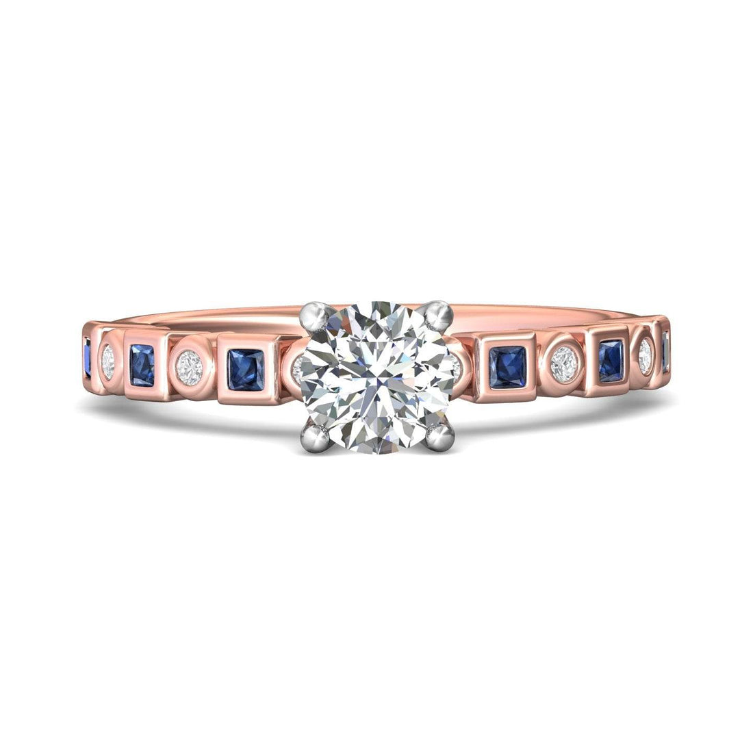 Diamond And Sapphire 4 Claw Round Cut Engagement Ring With a Bezel Set Side Stones -18K Rose - DG & Co. Jewellery