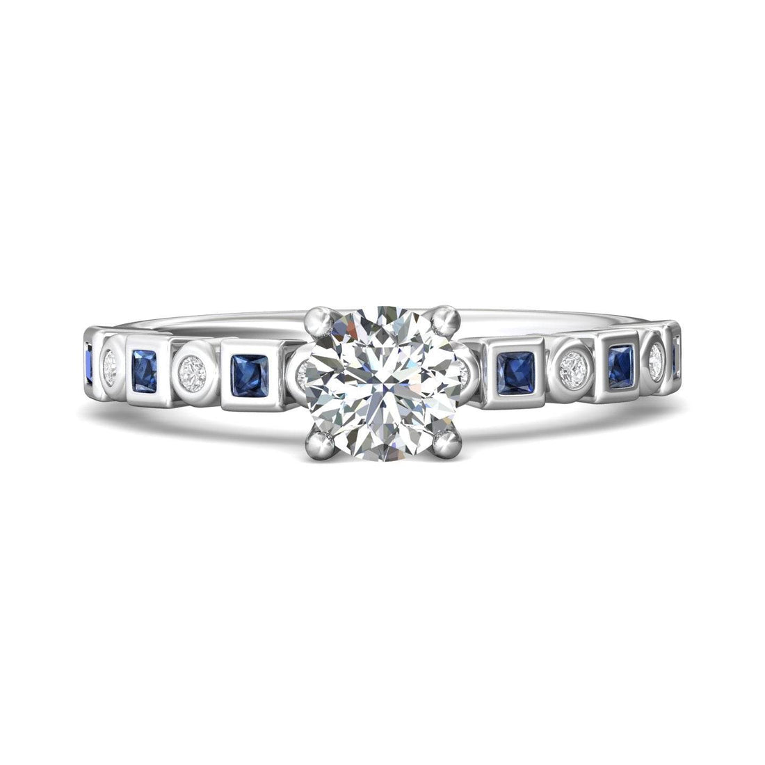 Diamond And Sapphire 4 Claw Round Cut Engagement Ring With a Bezel Set Side Stones -18K White - DG & Co. Jewellery