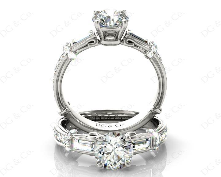 Round Cut Vintage Style Three Stone Engagement Ring with Tapered Bague ...