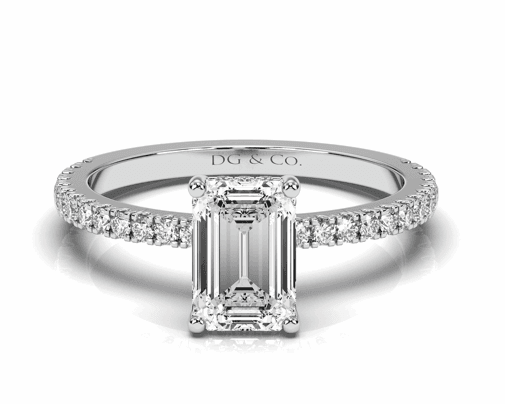 Emerald Cut Hidden Halo Diamond Engagement Ring Four Prong Setting Pave Setting Side Stones - 18K White Gold - DG & Co. Jewellery