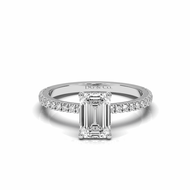 Emerald Cut Hidden Halo Diamond Engagement Ring Four Prong Setting Pave Setting Side Stones - 18K White Gold - DG & Co. Jewellery