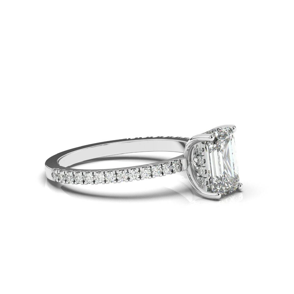 Emerald Cut Hidden Halo Diamond Engagement Ring Four Prong Setting Pave Setting Side Stones - 18K White Gold - DG & Co. Jewellery
