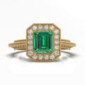 Emerald Diamond Halo Ring Emerald Cut 4 Claw Setting Miligrain Pave Side Stone Setting in 18K Yellow Gold - DG & Co. Jewellery