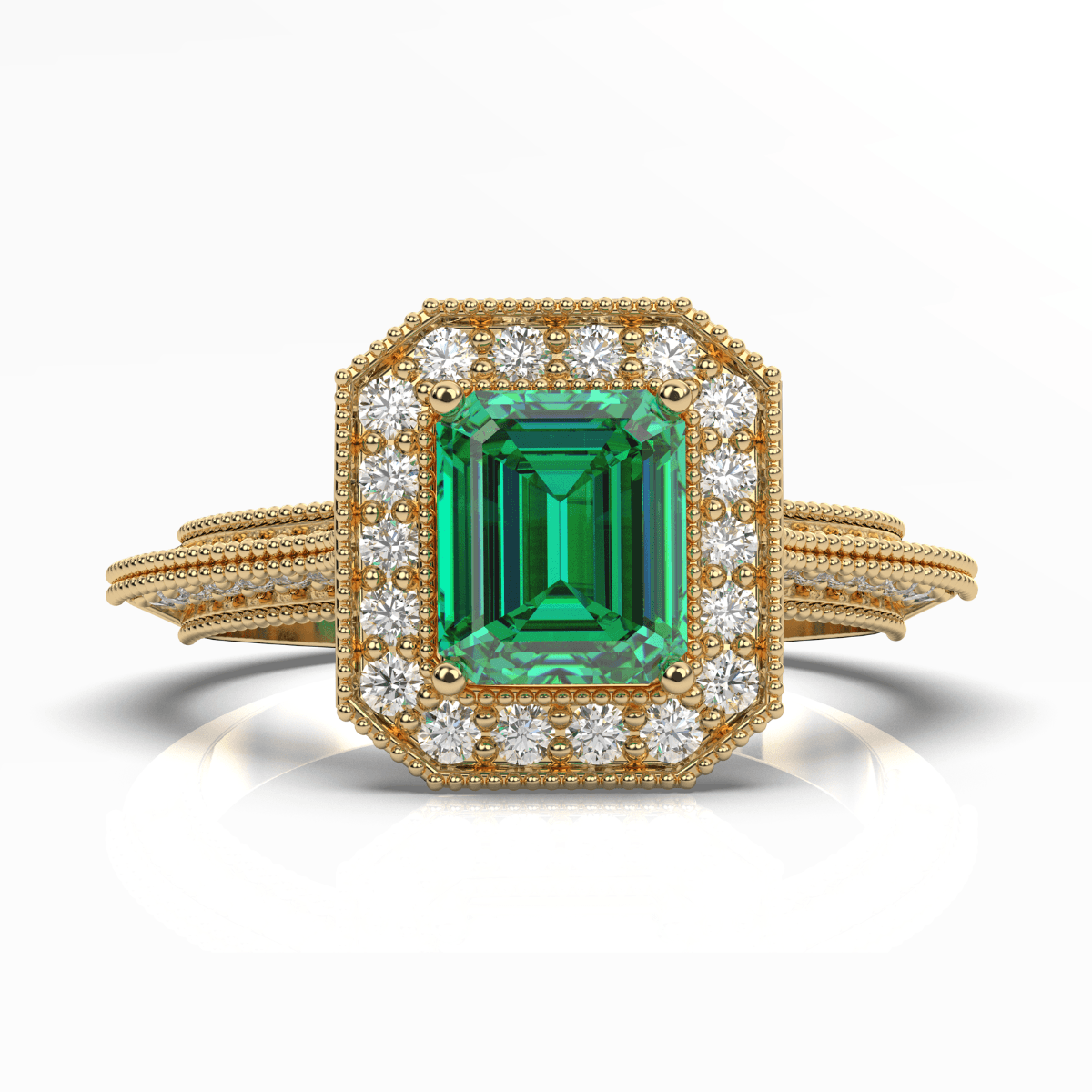 Emerald Diamond Halo Ring Emerald Cut 4 Claw Setting Miligrain Pave Side Stone Setting in 18K Yellow Gold - DG & Co. Jewellery