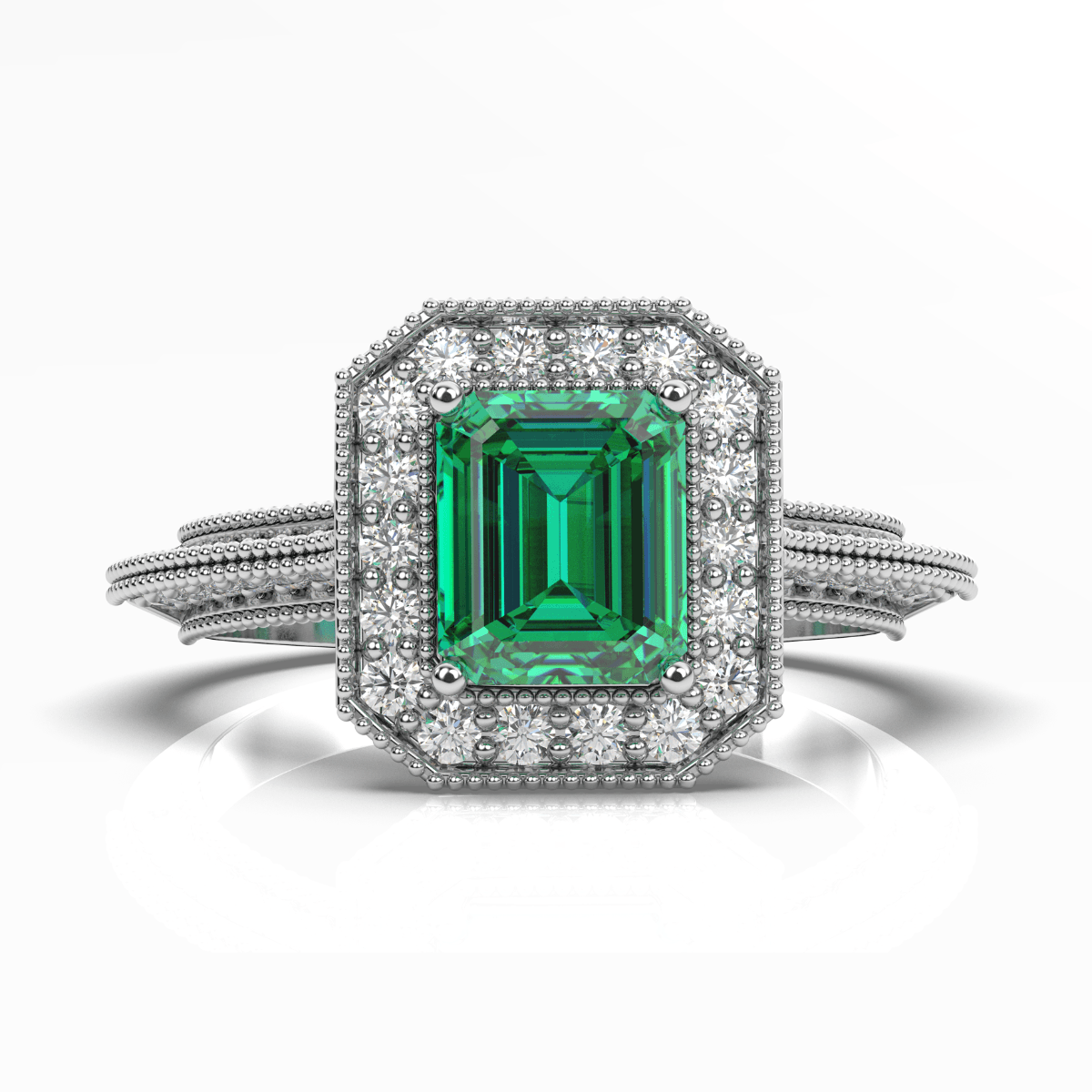 Emerald Halo Diamond Engagement Ring 4 Claw Setting Miligrain Pave Side Stones setting in 18K White Gold - DG & Co. Jewellery
