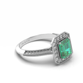 Emerald Halo Diamond Engagement Ring 4 Claw Setting Miligrain Pave Side Stones setting in 18K White Gold - DG & Co. Jewellery
