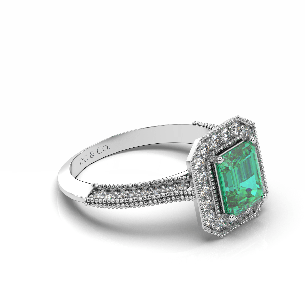 Emerald Halo Diamond Engagement Ring 4 Claw Setting Miligrain Pave Side Stones setting in 18K White Gold - DG & Co. Jewellery
