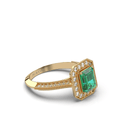 Emerald Diamond Halo Ring Emerald Cut 4 Claw Setting Miligrain Pave Side Stone Setting in 18K Yellow Gold - DG & Co. Jewellery