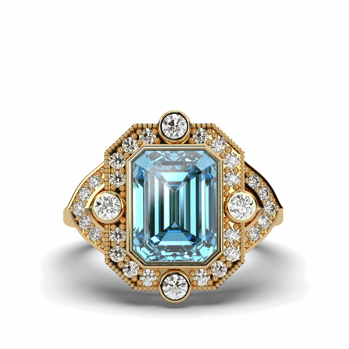 Vintage Style 4 Carat Bezel Set Emerald Cut Aquamarine Diamond Ring In 18K Yellow Gold - DG & Co. Jewellery