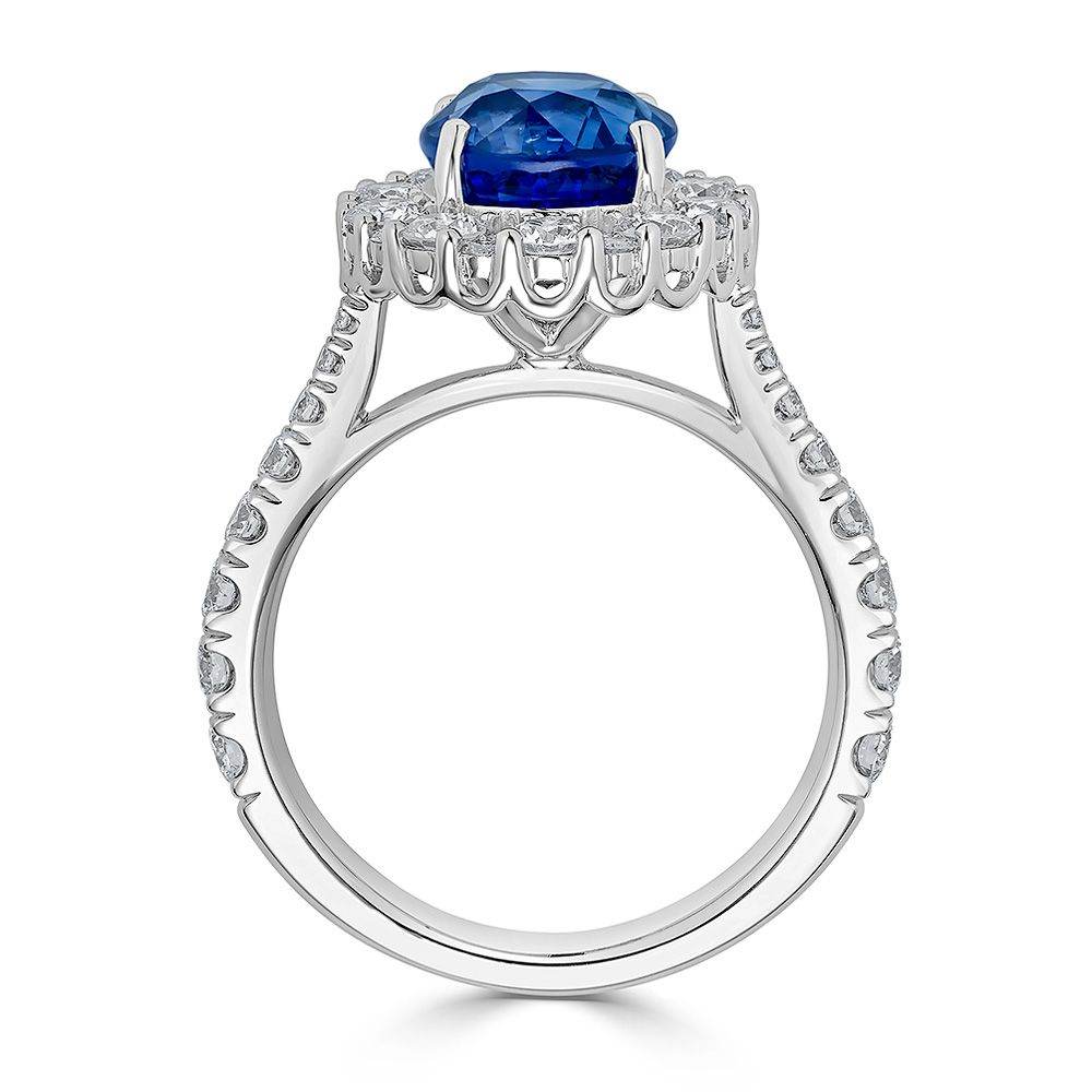 Sapphire Halo Diamond Engagement Ring 4 Claw Setting Centre Stone Pave Setting Side Stone Set In 18K White Gold - DG & Co. Jewellery