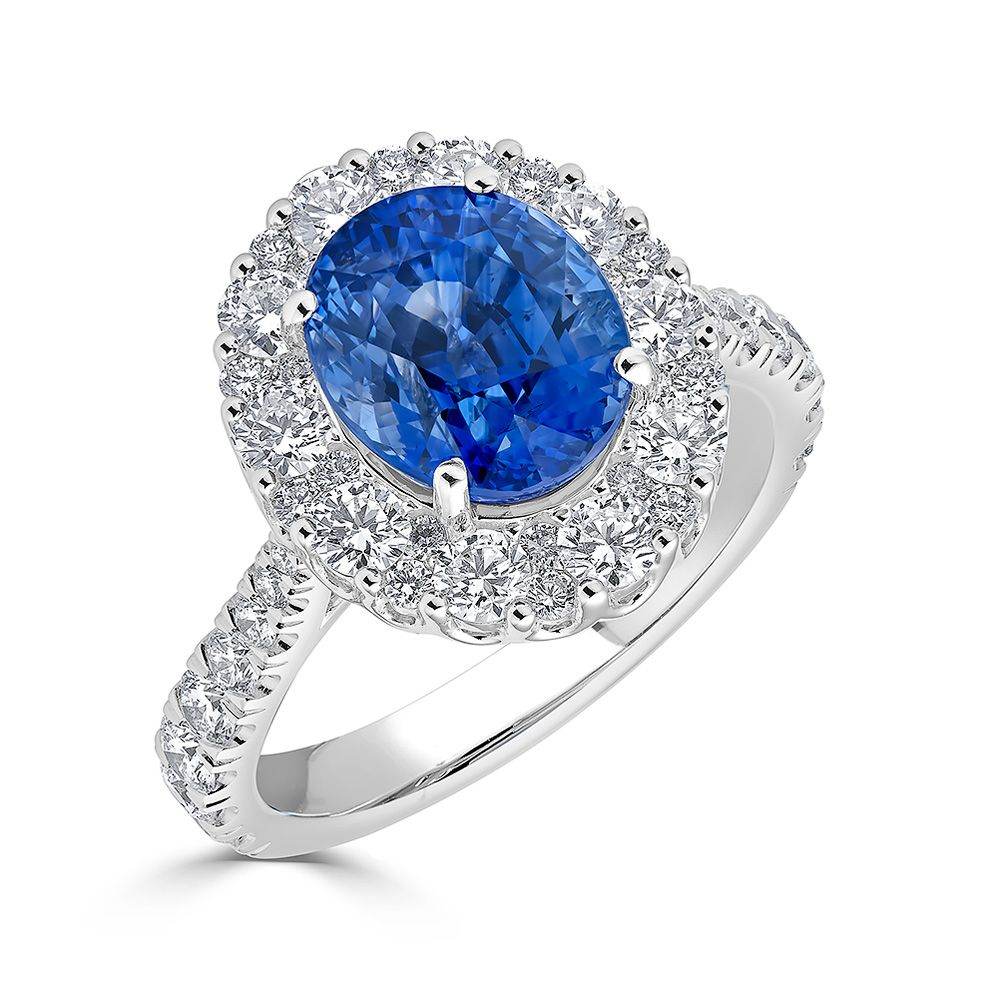 Sapphire Halo Diamond Engagement Ring 4 Claw Setting Centre Stone Pave Setting Side Stone Set In 18K White Gold - DG & Co. Jewellery