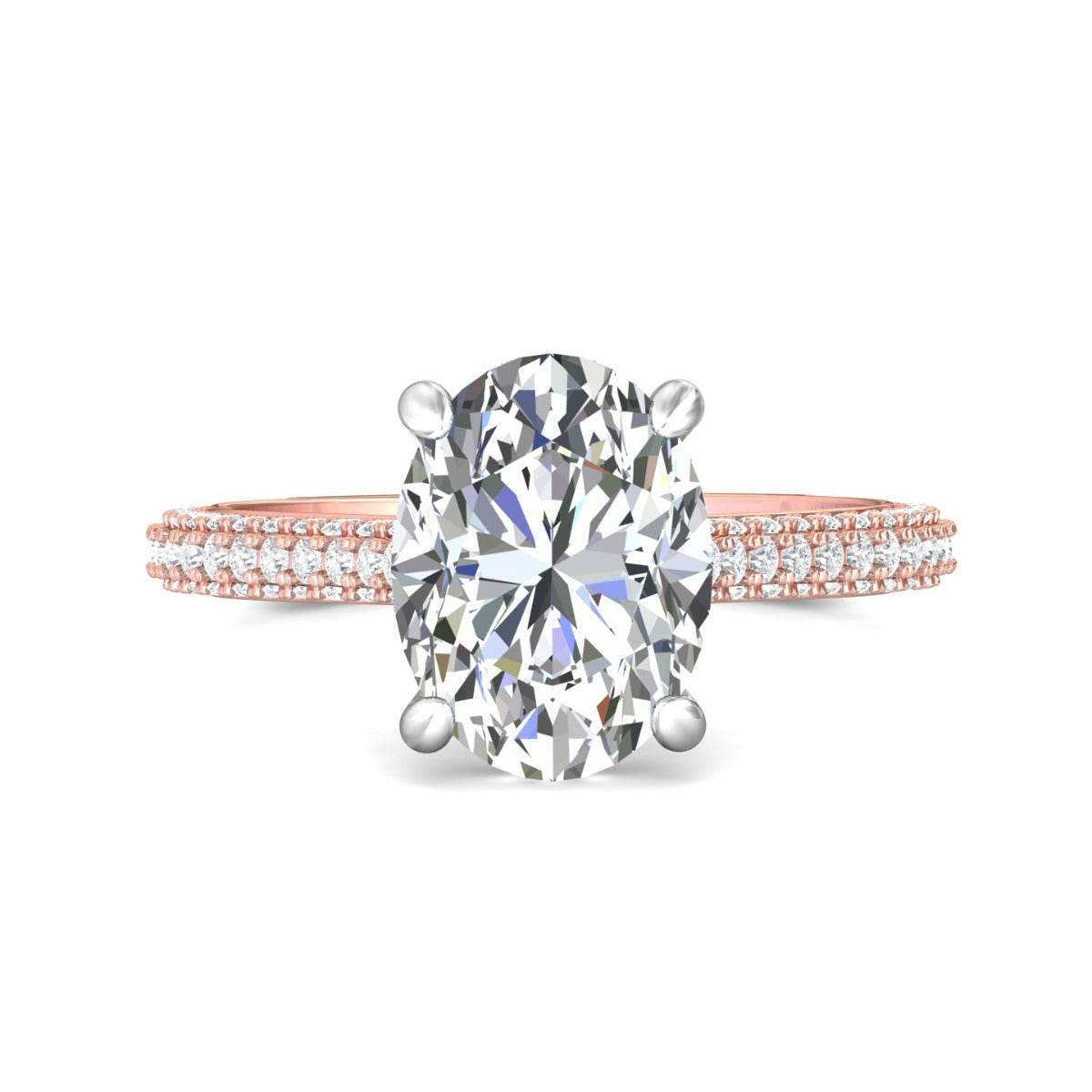 Oval Shape Four Claw Setting Hidden Halo Diamond Engagement Ring Pave Setting Side Stone In 18K White and Rose Gold - DG & Co. Jewellery