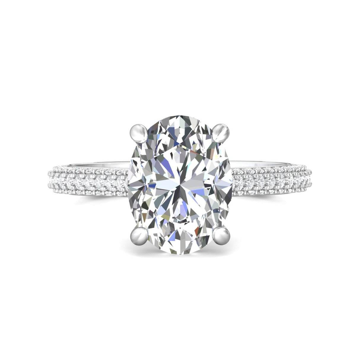 Triple Micro pave Diamond Ring Setting Oval Cut Centre Stone With Hidden Halo In 18K White Gold - DG & Co. Jewellery