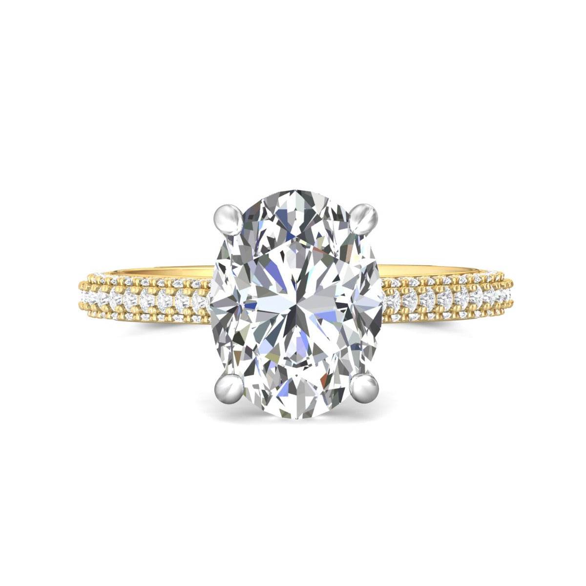 Oval Cut Hidden Halo Diamond Engagement Ring with Three Row Pave Shank Setting In 18K White and Yellow Gold - DG & Co. Jewellery