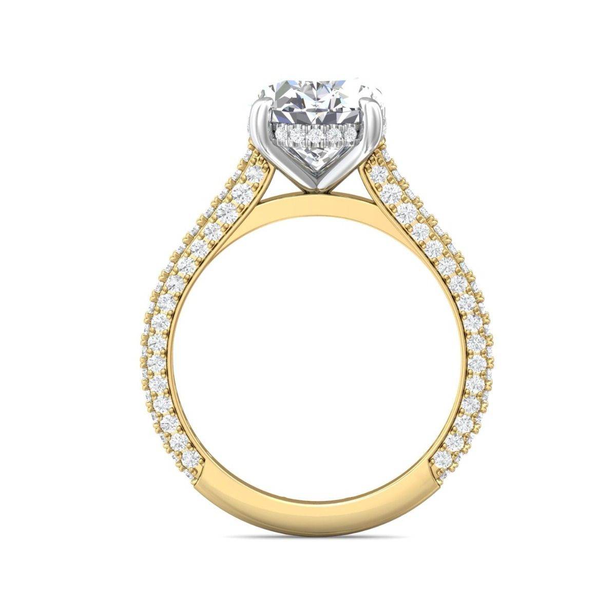 Oval Cut Hidden Halo Diamond Engagement Ring with Three Row Pave Shank Setting In 18K White and Yellow Gold - DG & Co. Jewellery