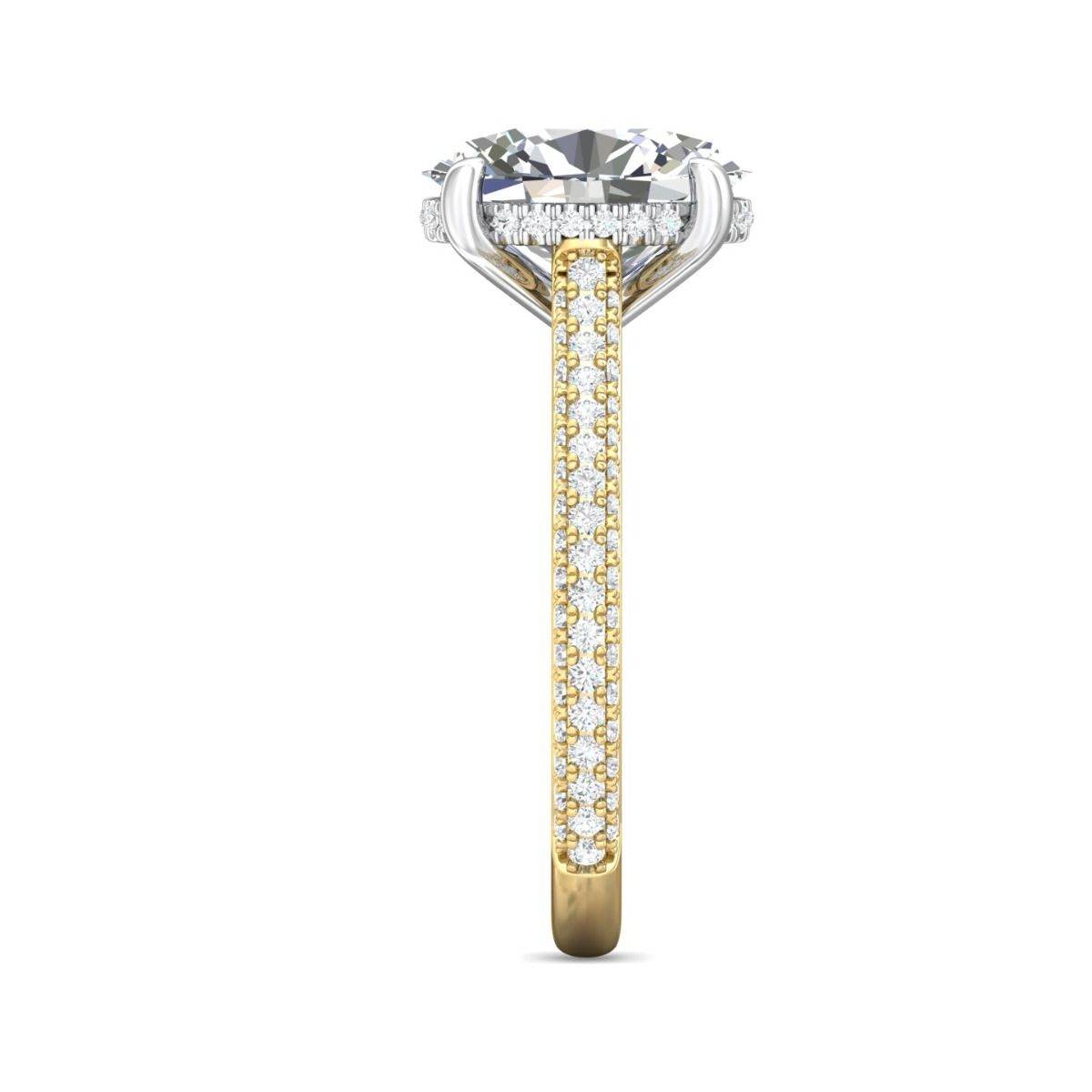Oval Cut Hidden Halo Diamond Engagement Ring with Three Row Pave Shank Setting In 18K White and Yellow Gold - DG & Co. Jewellery