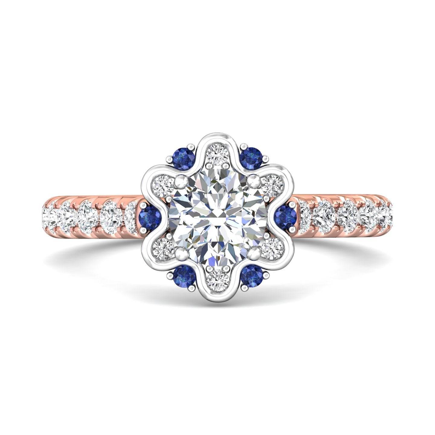 Halo Sapphire and Diamond Engagement Ring Round Cut Pave Setting Side Stones - 18K Rose - DG & Co. Jewellery