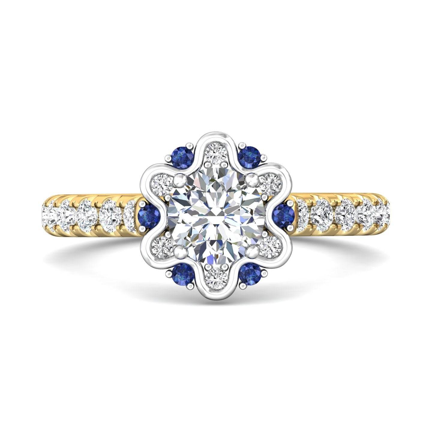Halo Sapphire and Diamond Engagement Ring Round Cut Pave Setting Side Stones - 18K Yellow - DG & Co. Jewellery