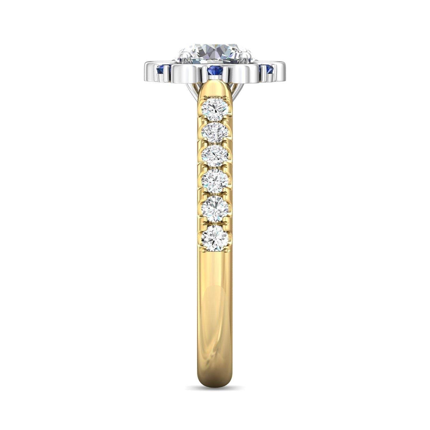 Halo Sapphire and Diamond Engagement Ring Round Cut Pave Setting Side Stones - 18K Yellow - DG & Co. Jewellery