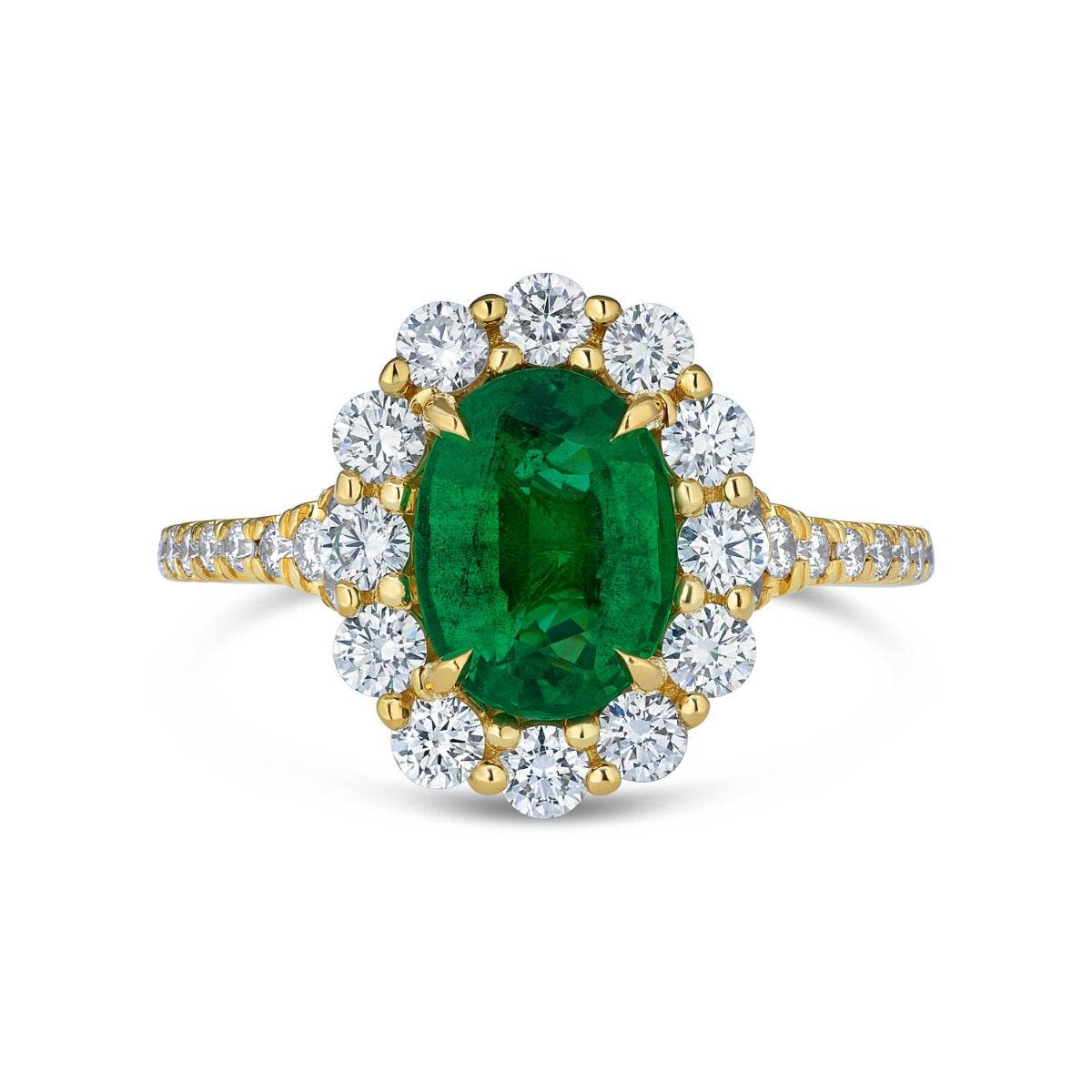 Emerald Diamond Halo Engagement Ring Oval Cut 4 Claw Setting In 18K Yellow Gold - DG & Co. Jewellery