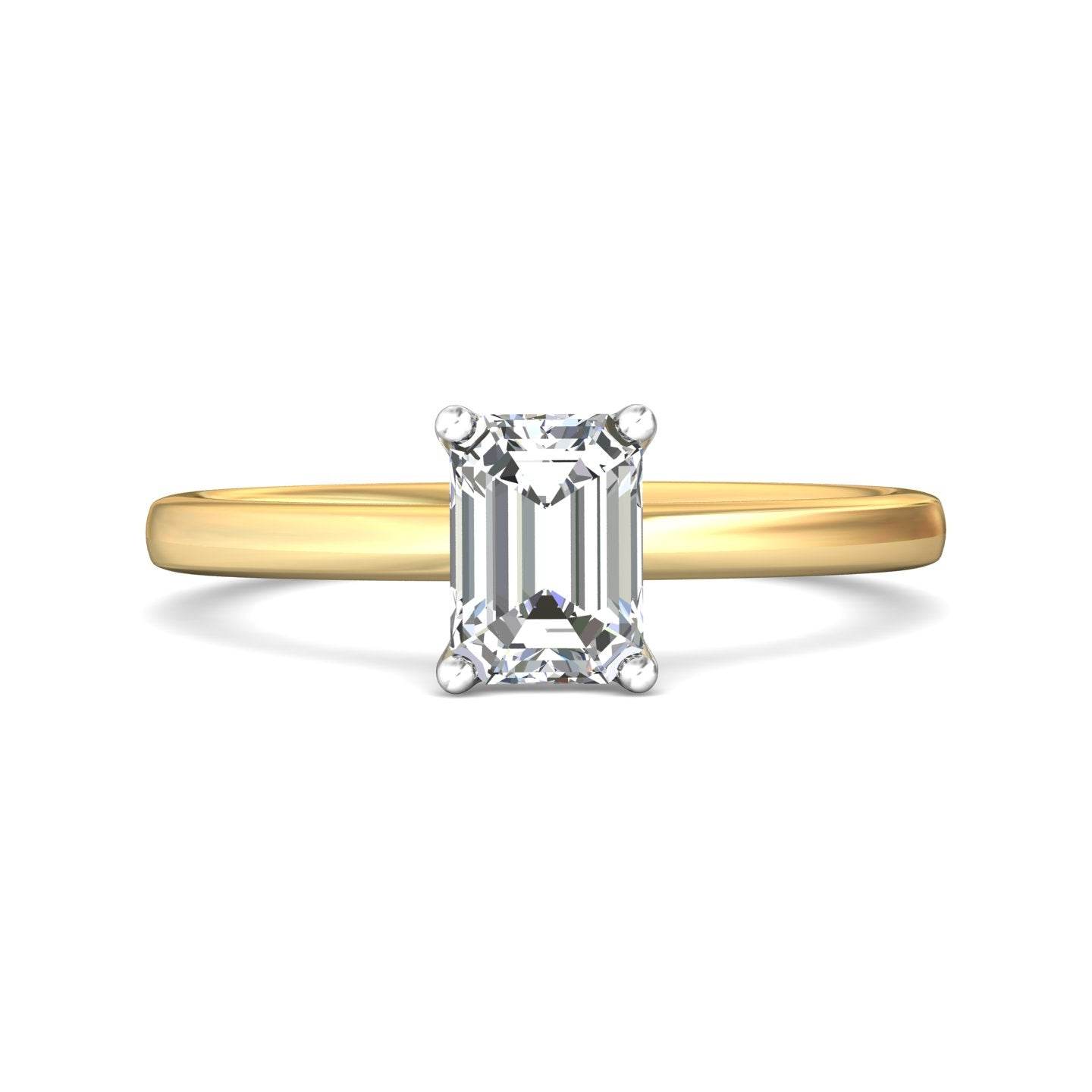 Emerald Cut Solitaire Diamond Engagement Ring 4 Claw Setting In a Plain Half Round Shape Band - 18K Yellow - DG & Co. Jewellery