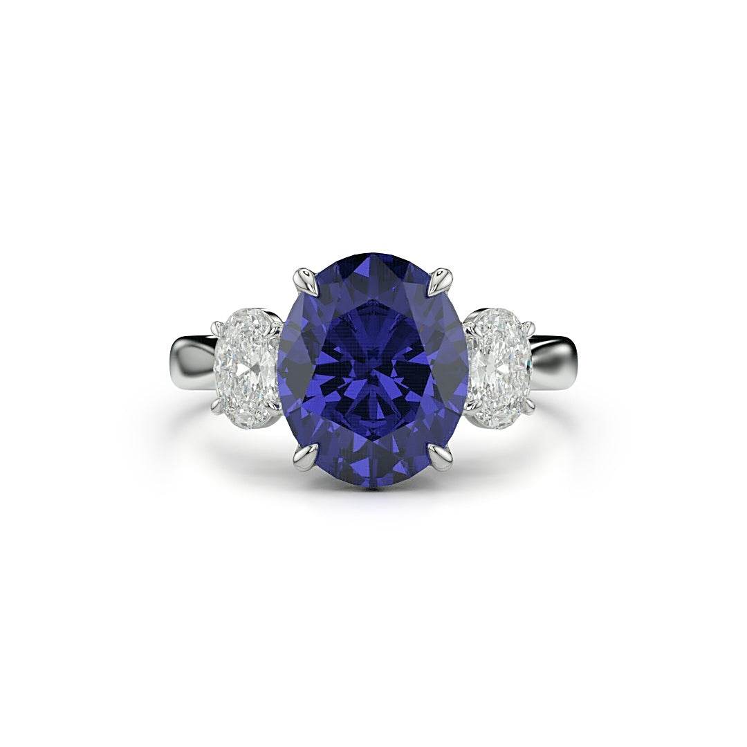 Trilogy Sapphire Diamond Engagement Ring Oval Cut 4 Claw Setting In 18K White Gold - DG & Co. Jewellery