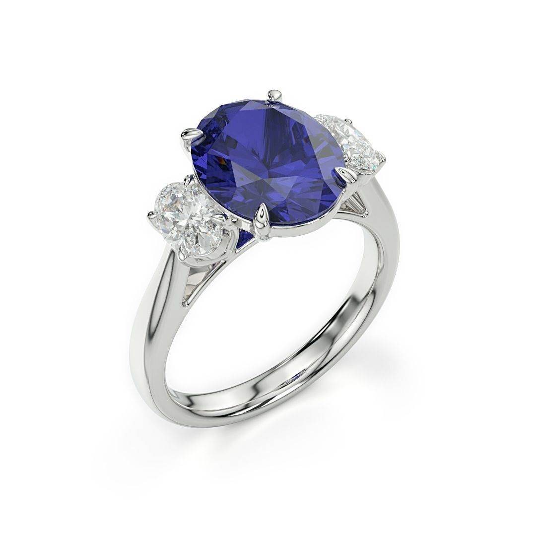Trilogy Sapphire Diamond Engagement Ring Oval Cut 4 Claw Setting In 18K White Gold - DG & Co. Jewellery