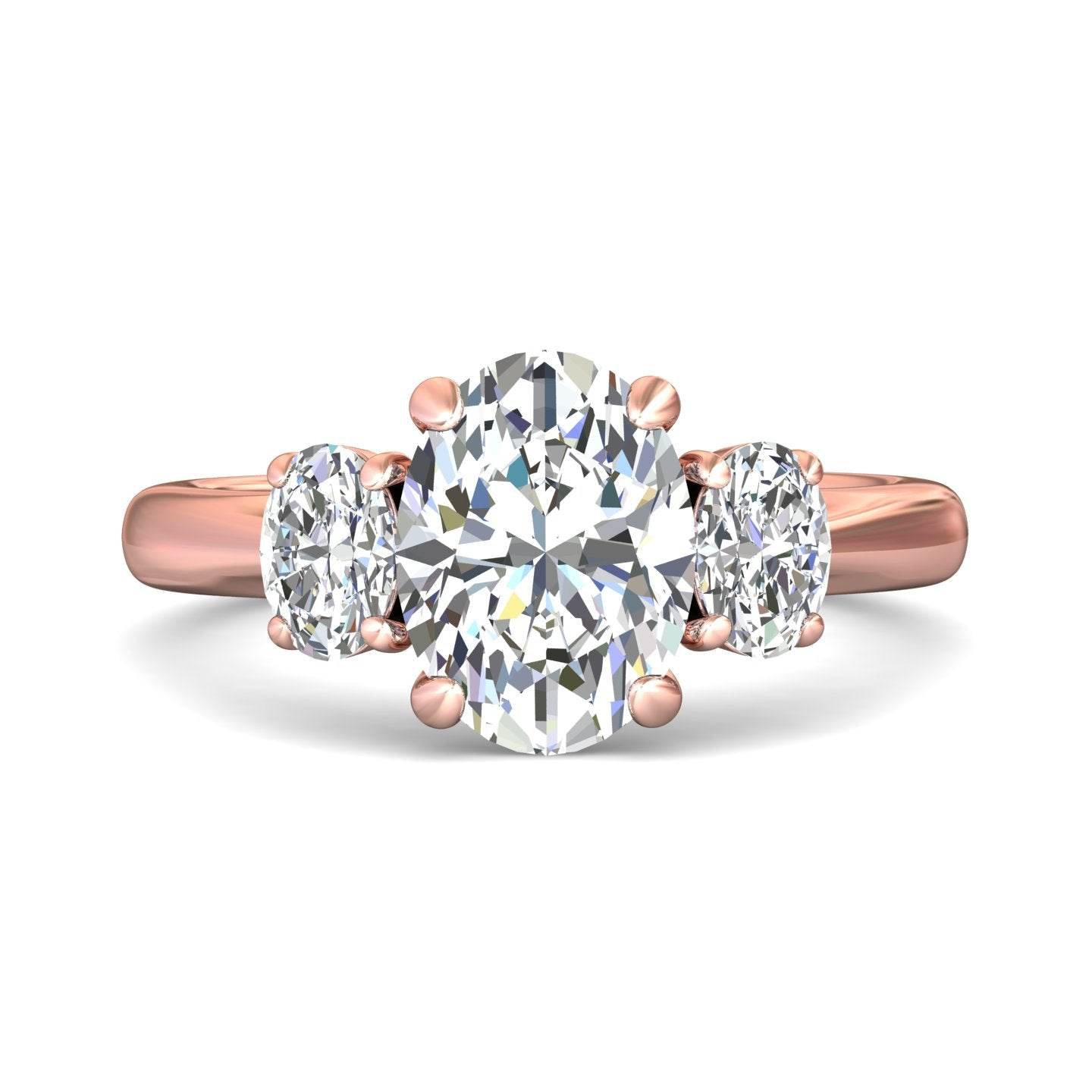 Oval Cut Trilogy 3 Stones Diamond Ring with Oval Cut Side Stones Claw Setting - 18K Rose - DG & Co. Jewellery