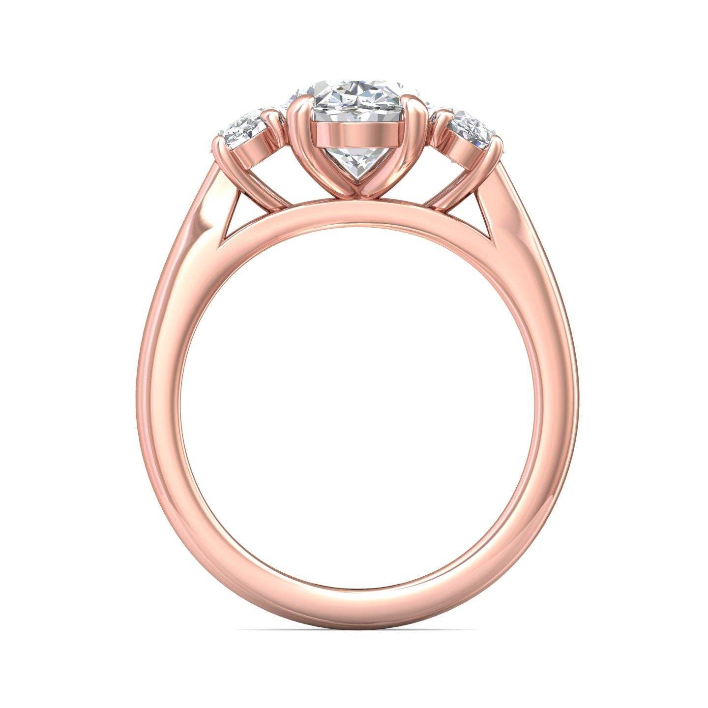 Oval Cut Trilogy 3 Stones Diamond Ring with Oval Cut Side Stones Claw Setting - 18K Rose - DG & Co. Jewellery