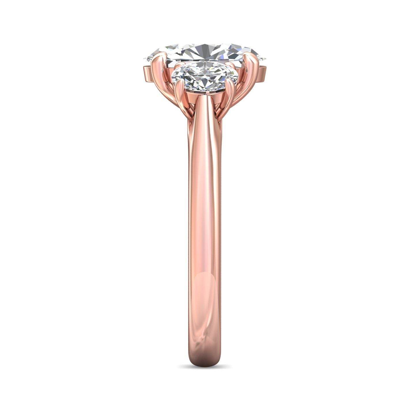 Oval Cut Trilogy 3 Stones Diamond Ring with Oval Cut Side Stones Claw Setting - 18K Rose - DG & Co. Jewellery