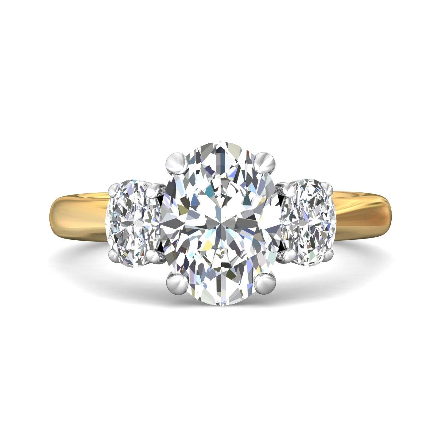 Oval Cut Trilogy 3 Stones Diamond Ring with Oval Cut Side Stones Claw Setting - 18K Yellow - DG & Co. Jewellery