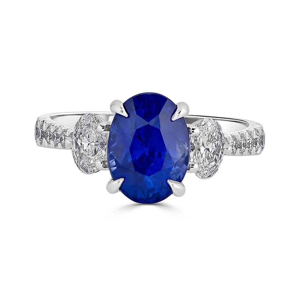 Trilogy 3 Stone Diamond Sapphire Engagement Ring 4 Claw Setting Centre Stone and Pave Setting Side Stone In 18K White Gold - DG & Co. Jewellery