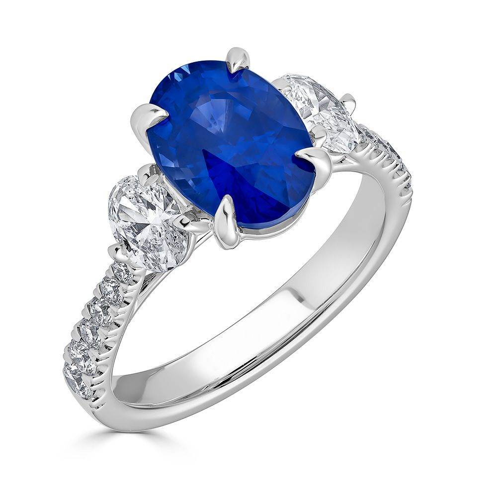 Trilogy 3 Stone Diamond Sapphire Engagement Ring 4 Claw Setting Centre Stone and Pave Setting Side Stone In 18K White Gold - DG & Co. Jewellery