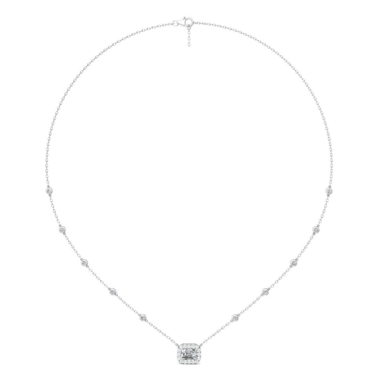 Emerald Cut Halo Diamond Pendant 4 Claw Setting Centre Stone Pave Setting Side Stone In 18K White Gold - DG & Co. Jewellery
