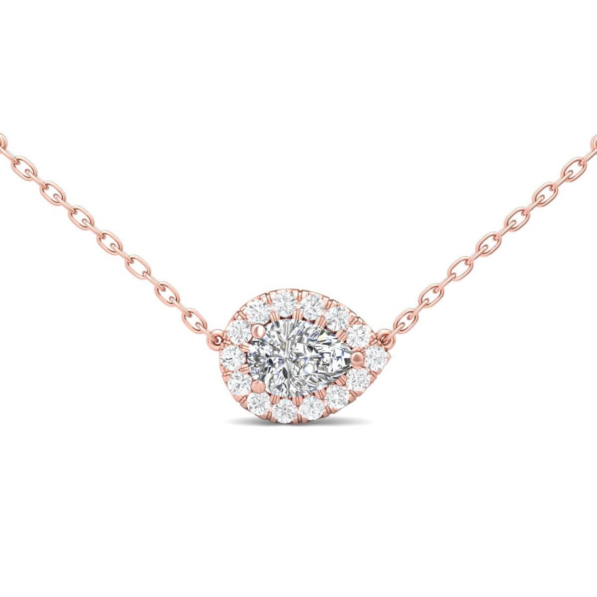 1.00CT Pear Shape Halo Pendant Necklace Lab Grown Diamond 3 Claw Setting with Adjustable Curb Link Chain In 18K Rose Gold - DG & Co. Jewellery