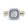 Double Halo Split Band Round Cut Diamond and Sapphire Engagement Ring Pave Setting - 18K Yellow - DG & Co. Jewellery