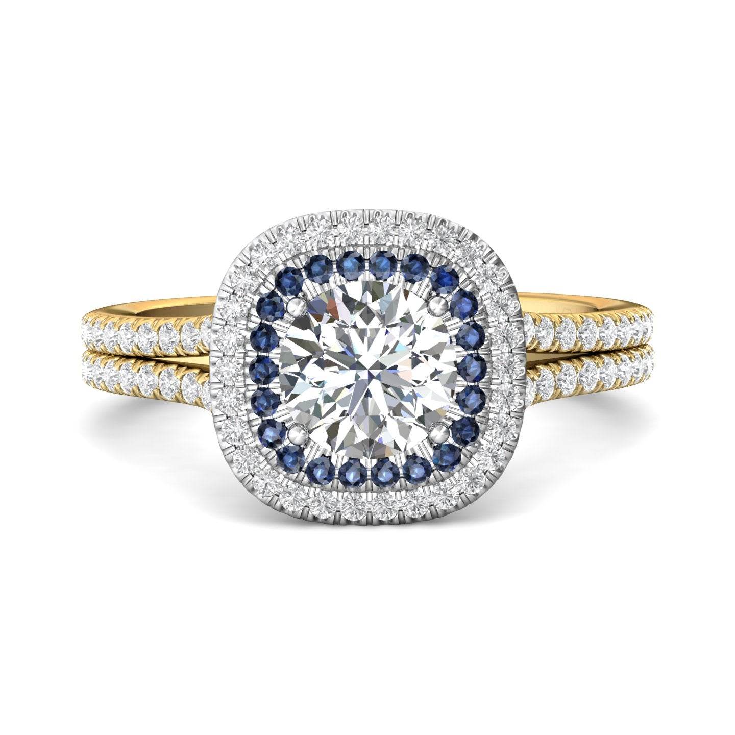 Double Halo Split Band Round Cut Diamond and Sapphire Engagement Ring Pave Setting - 18K Yellow - DG & Co. Jewellery