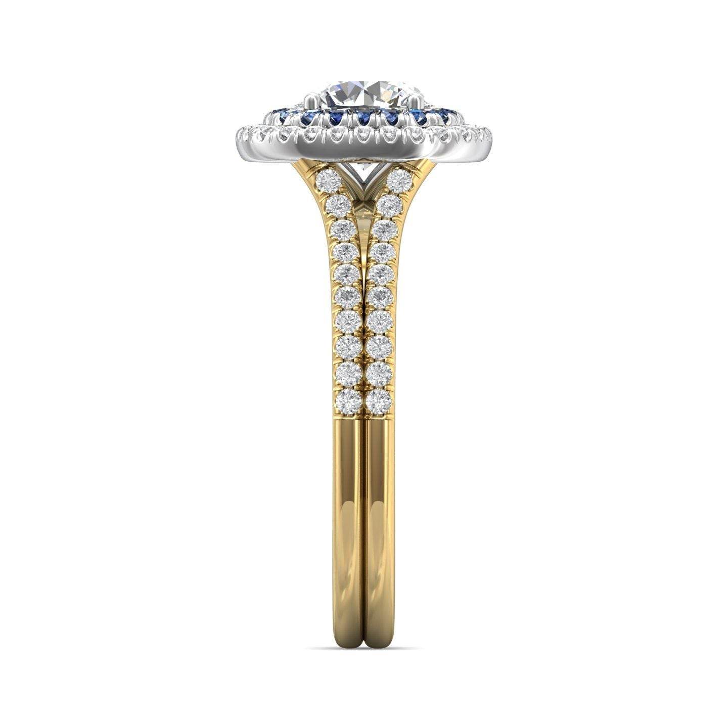Double Halo Split Band Round Cut Diamond and Sapphire Engagement Ring Pave Setting - 18K Yellow - DG & Co. Jewellery