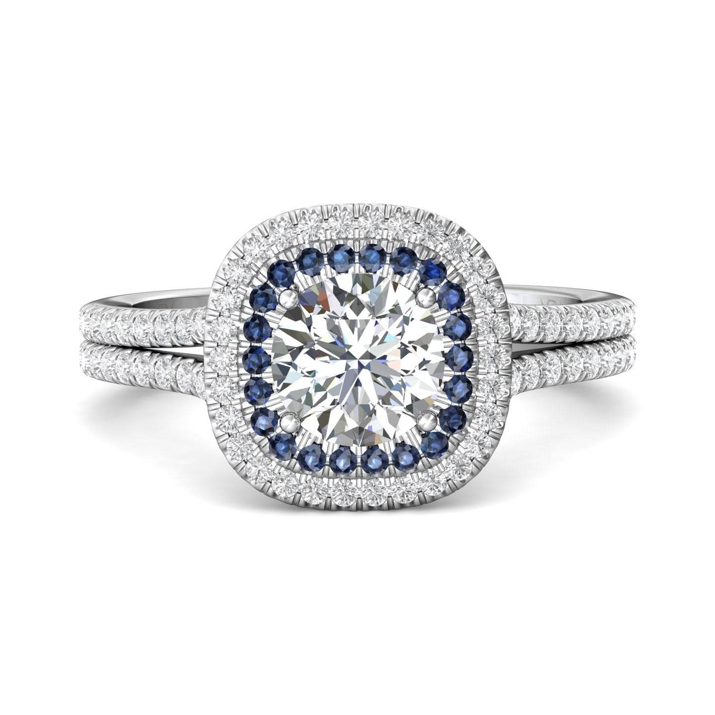 Double Halo Split Band Round Cut Diamond and Sapphire Engagement Ring Pave Setting - 18K White - DG & Co. Jewellery