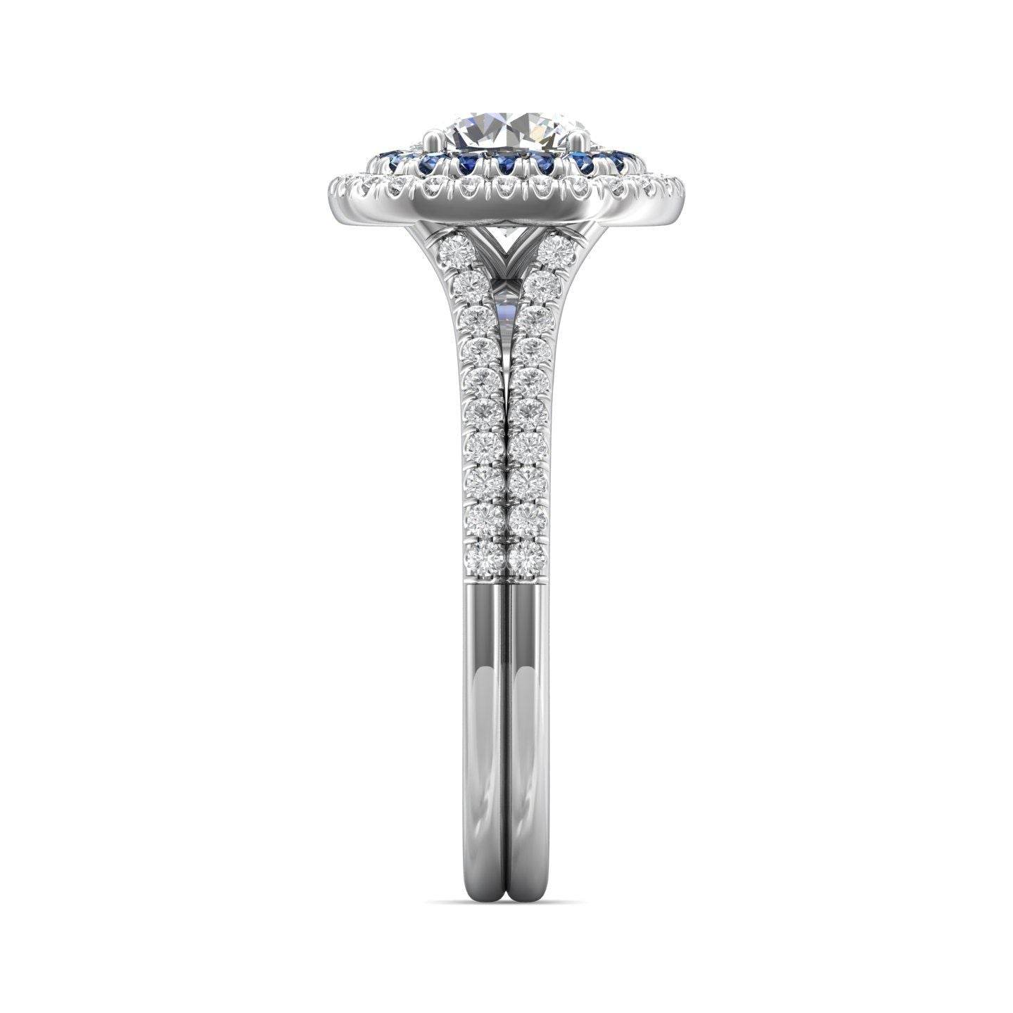 Double Halo Split Band Round Cut Diamond and Sapphire Engagement Ring Pave Setting - 18K White - DG & Co. Jewellery