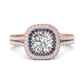 Double Halo Split Band Round Cut Diamond and Sapphire Engagement Ring Pave Setting - 18K Rose - DG & Co. Jewellery