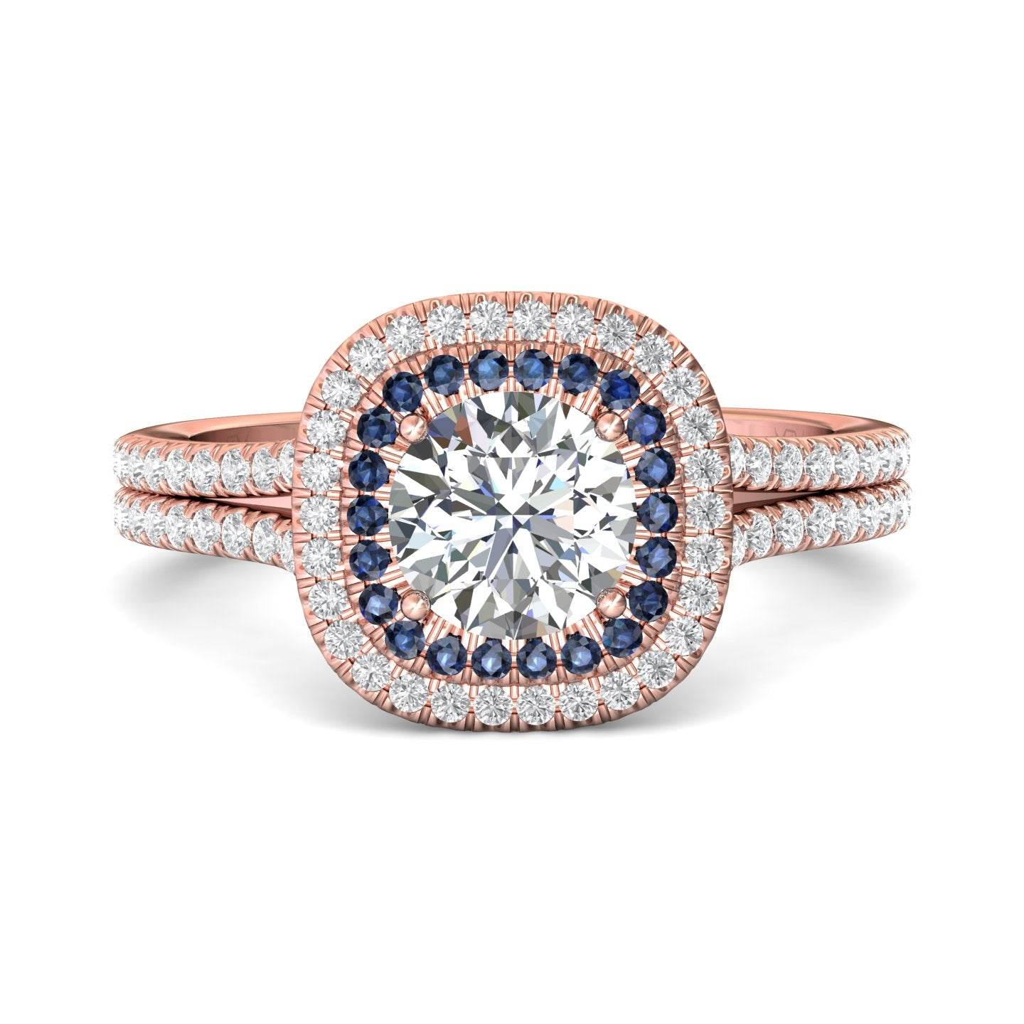 Double Halo Split Band Round Cut Diamond and Sapphire Engagement Ring Pave Setting - 18K Rose - DG & Co. Jewellery
