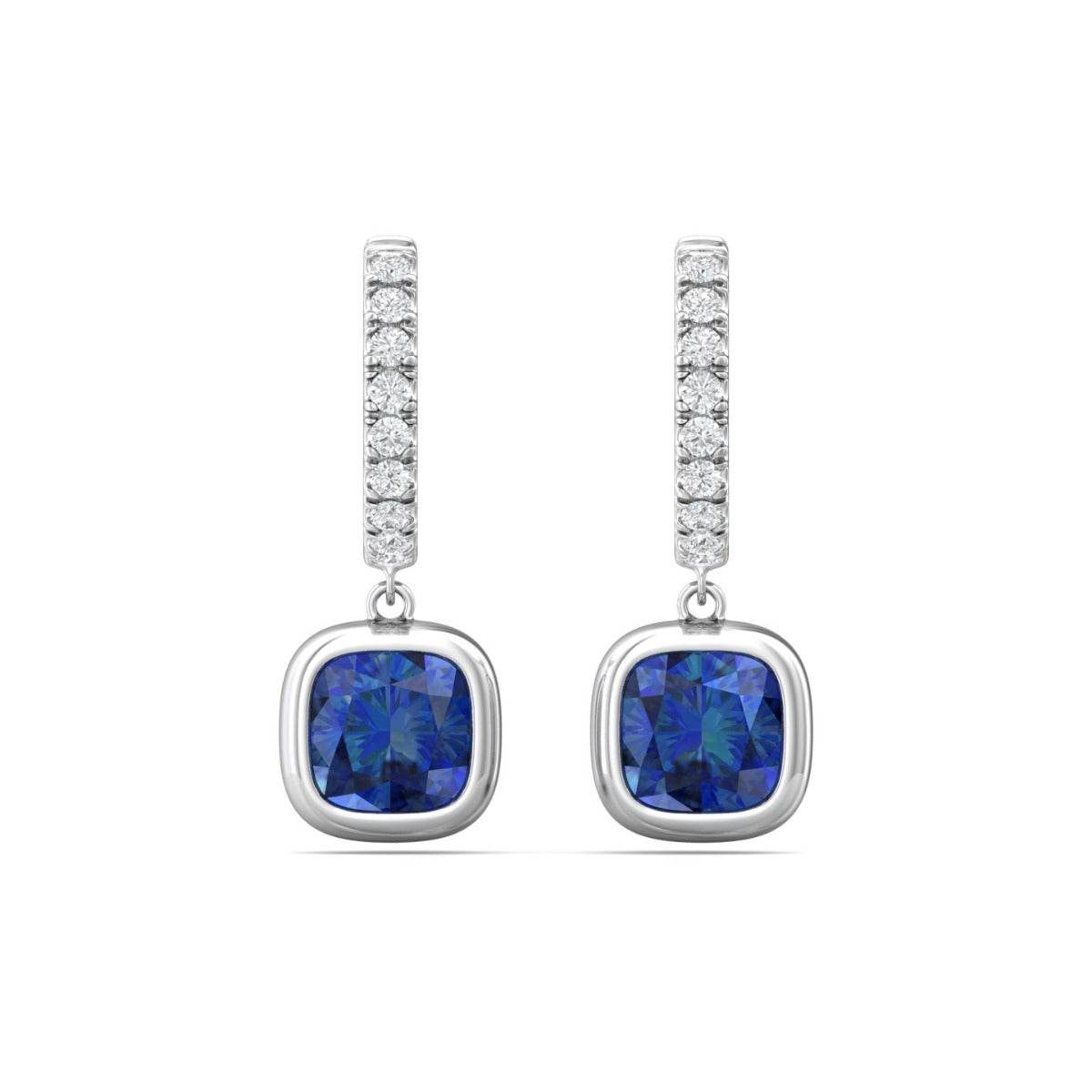 Hoop Sapphire Diamond Earring Cushion Cut Bezel Setting Centre Stone Pave Setting Side Stone in 18K White Gold - DG & Co. Jewellery