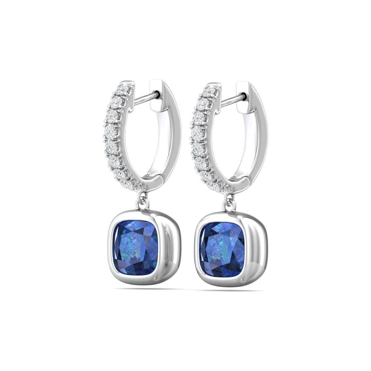 Hoop Sapphire Diamond Earring Cushion Cut Bezel Setting Centre Stone Pave Setting Side Stone in 18K White Gold - DG & Co. Jewellery