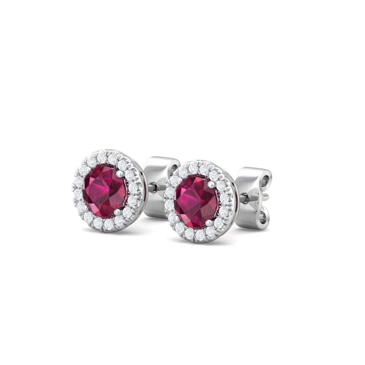 Ruby Halo Diamond Earring Pave Setting Butterfly Backs In 18K White Gold - DG & Co. Jewellery