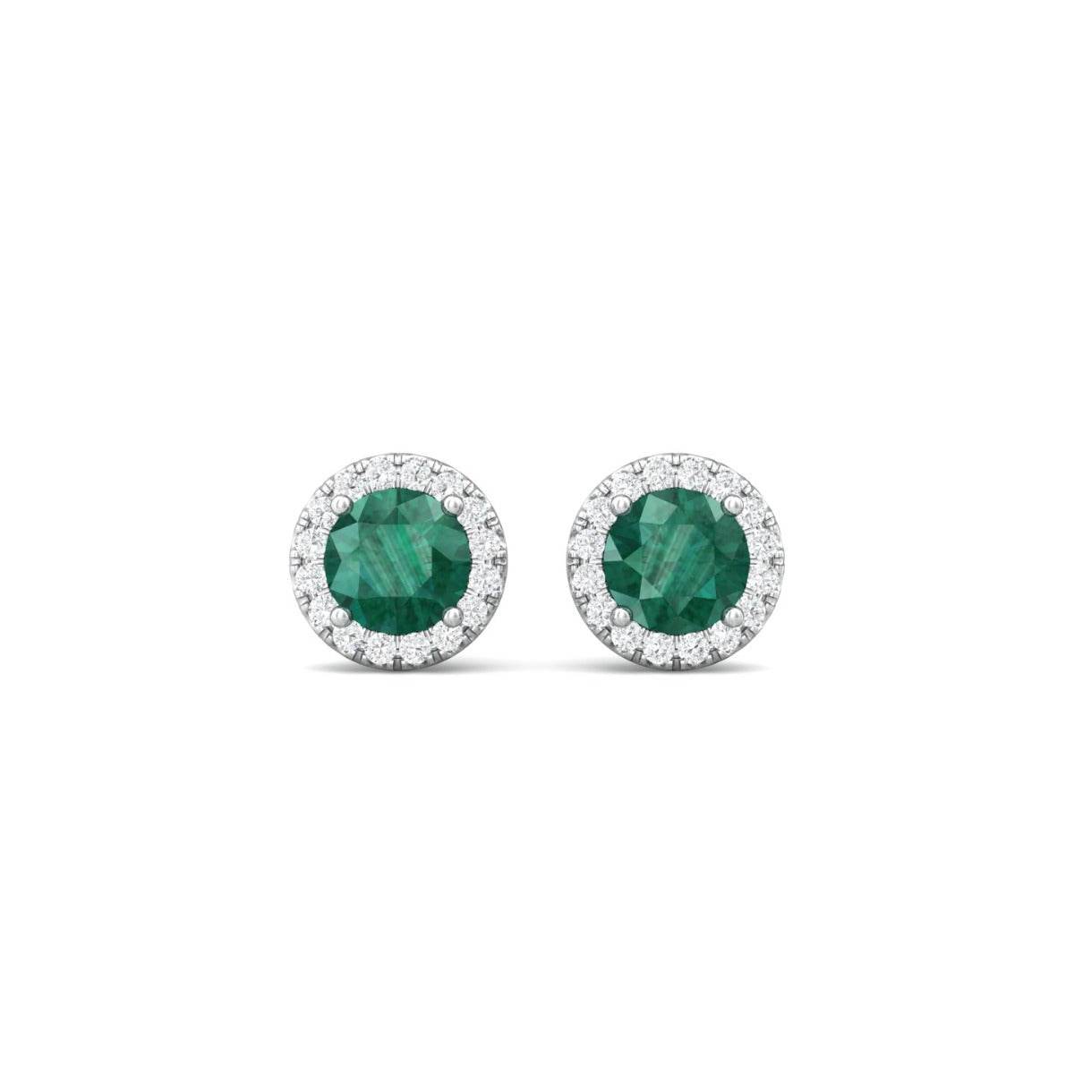 Emerald Halo Stud Diamond Earring Round Cut Centre 4 Claw Setting In 18K White Gold - DG & Co. Jewellery